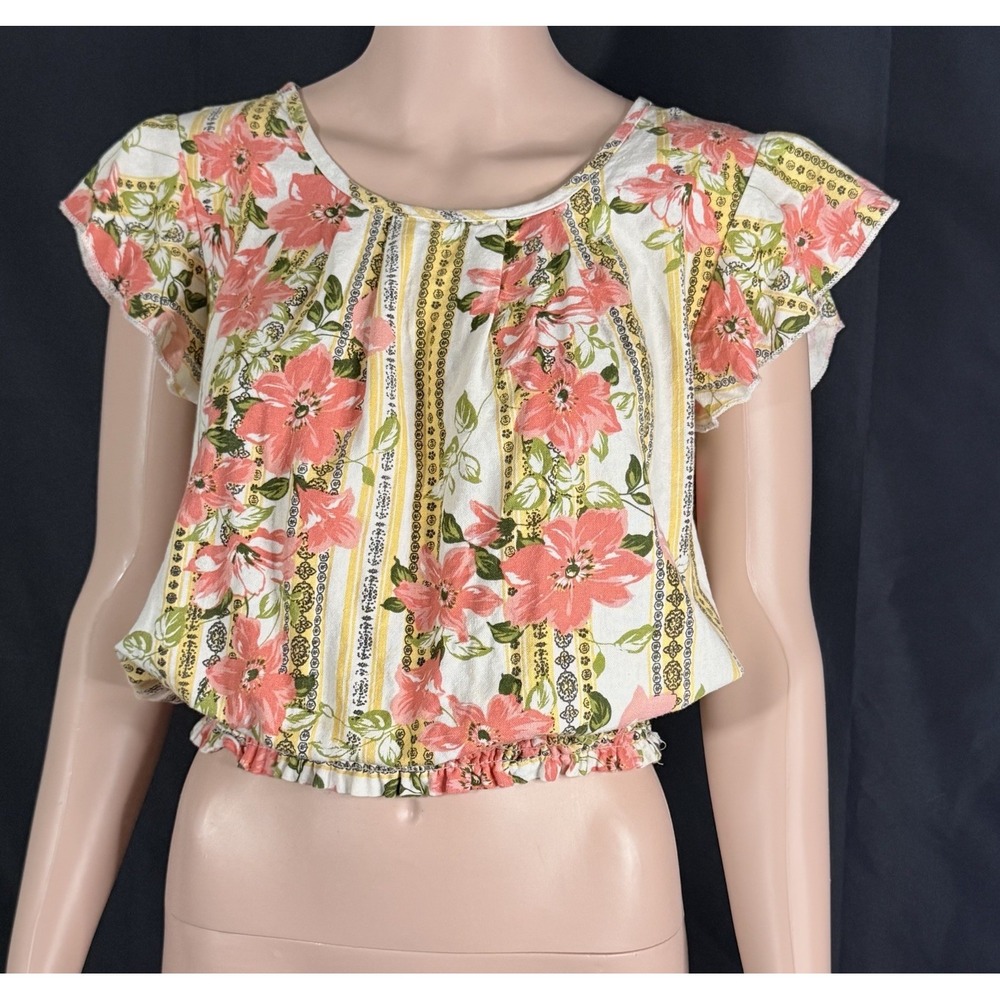 NY Invasion Womens Boho Floral Crop Top Smocked Waist Pink Yellow Blouse Small
